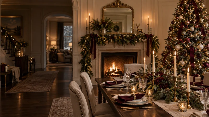 AI-generated concept of coordinated Christmas styling across a living and dining space.