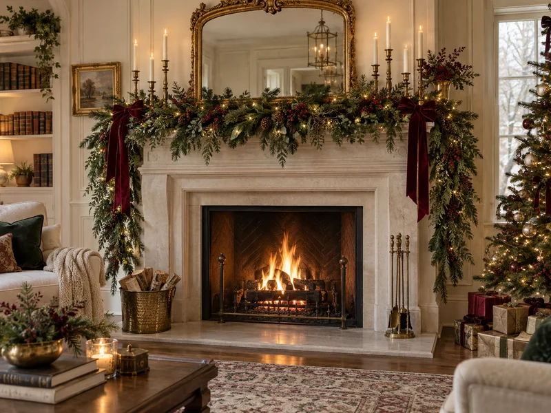 AI-generated concept of an ivory fireplace with evergreen garland and burgundy bows.