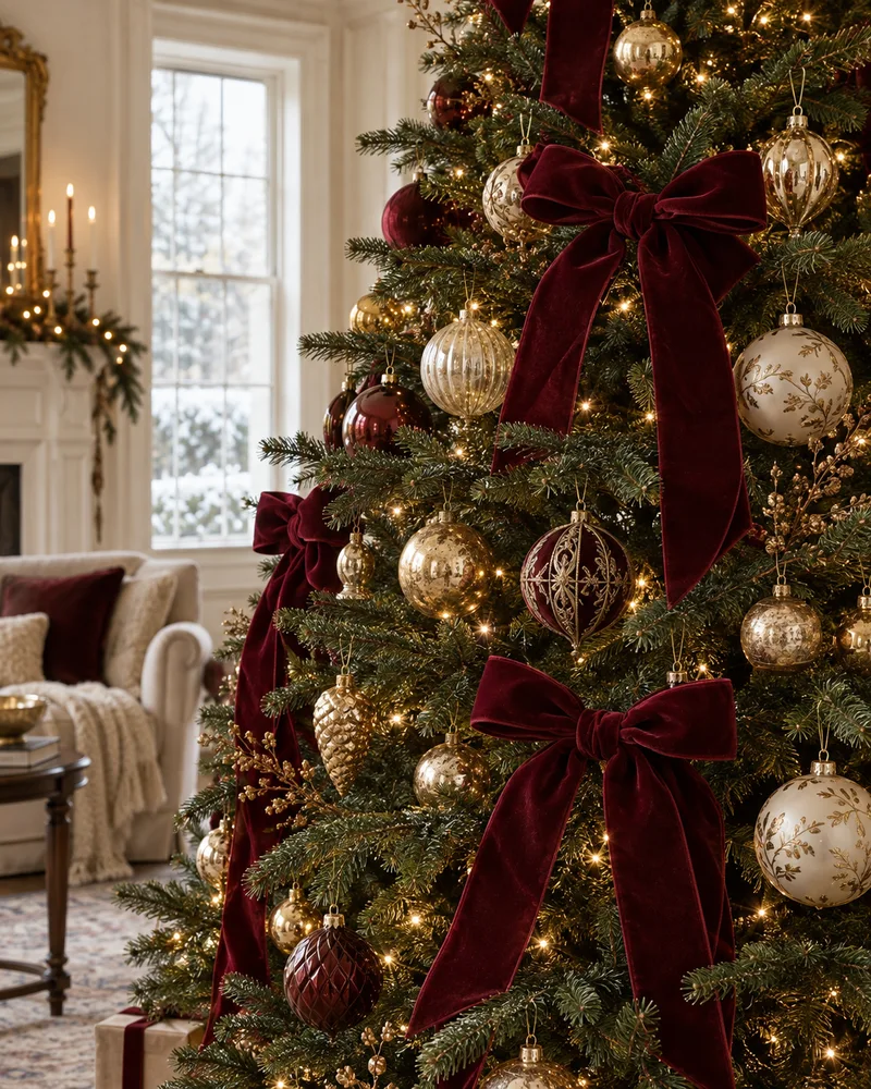 AI-generated concept of burgundy velvet ribbon and gold ornaments on a Christmas tree.